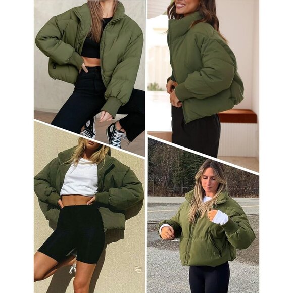 Women Cropped Puffer Jacket Coat Short Warm Quilted Outerwear with Pocket Green - Picture 7 of 7